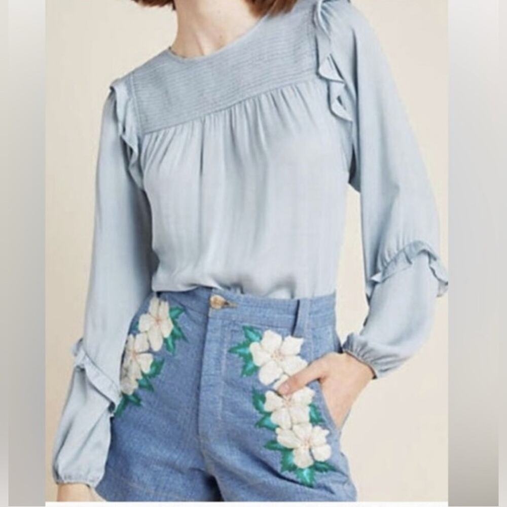 DOLAN baby blue ruffle detail neckline smocked cottagecore girlhoodcore blouse M